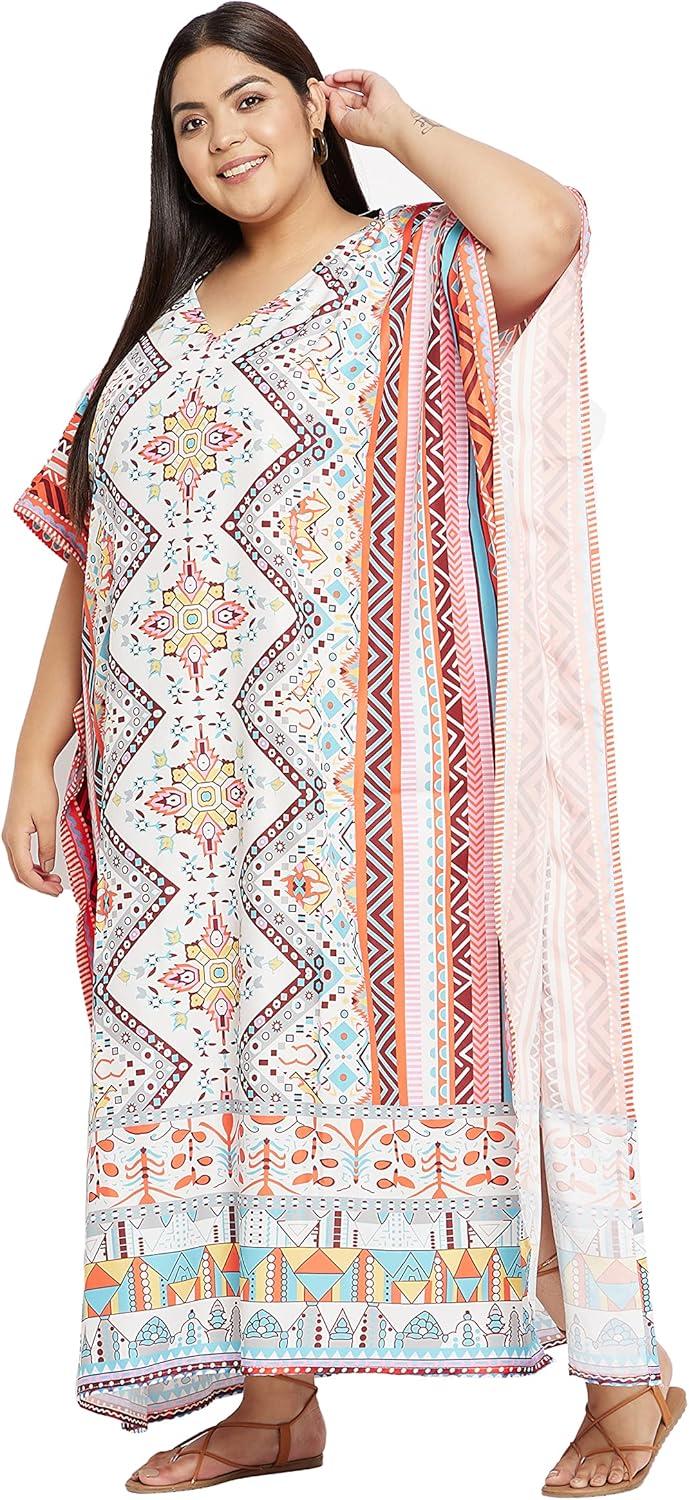imagePlus Size Women Kaftan Dress Kimono Sleeve Casual Maxi Dresses Beach Cover Up for LadiesMulticolor Floral  Geometric