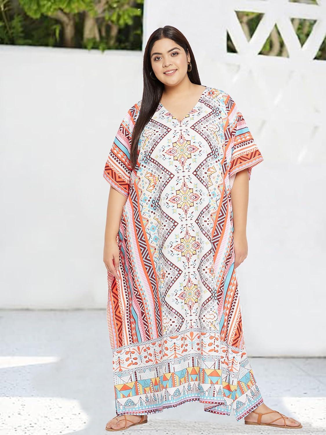 imagePlus Size Women Kaftan Dress Kimono Sleeve Casual Maxi Dresses Beach Cover Up for LadiesMulticolor Floral  Geometric