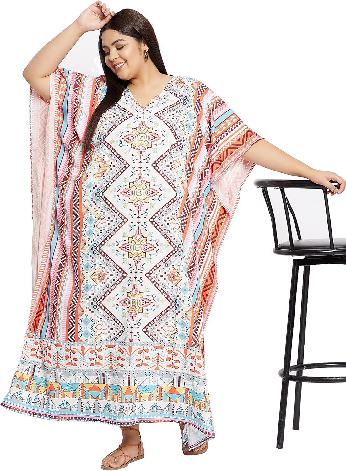 imagePlus Size Women Kaftan Dress Kimono Sleeve Casual Maxi Dresses Beach Cover Up for LadiesMulticolor Floral  Geometric