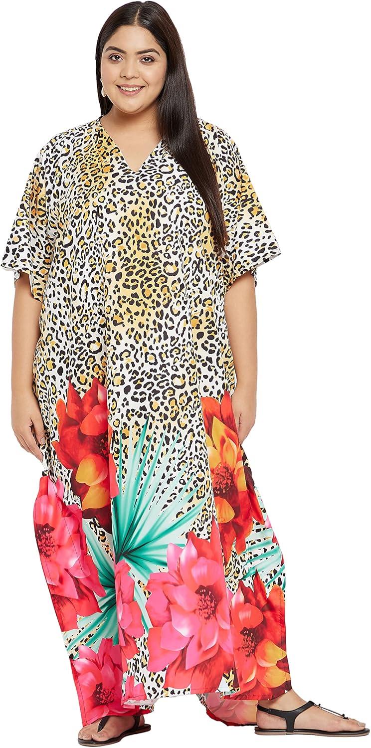 imagePlus Size Women Kaftan Dress Kimono Sleeve Casual Maxi Dresses Beach Cover Up for LadiesMulticolor Floral Caftans Dress