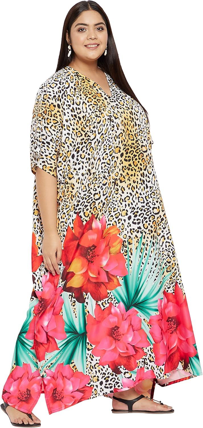 imagePlus Size Women Kaftan Dress Kimono Sleeve Casual Maxi Dresses Beach Cover Up for LadiesMulticolor Floral Caftans Dress
