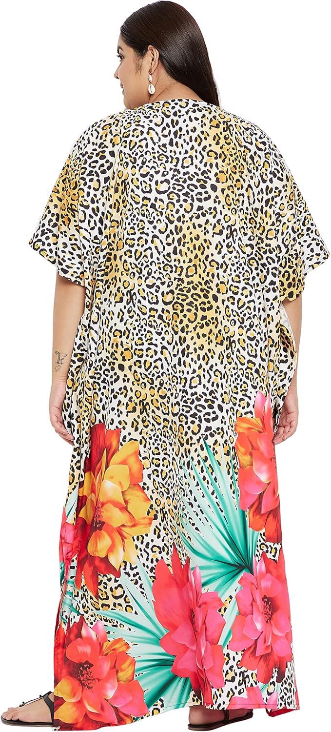 imagePlus Size Women Kaftan Dress Kimono Sleeve Casual Maxi Dresses Beach Cover Up for LadiesMulticolor Floral Caftans Dress