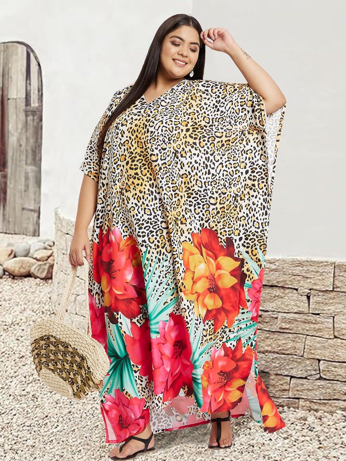 imagePlus Size Women Kaftan Dress Kimono Sleeve Casual Maxi Dresses Beach Cover Up for LadiesMulticolor Floral Caftans Dress