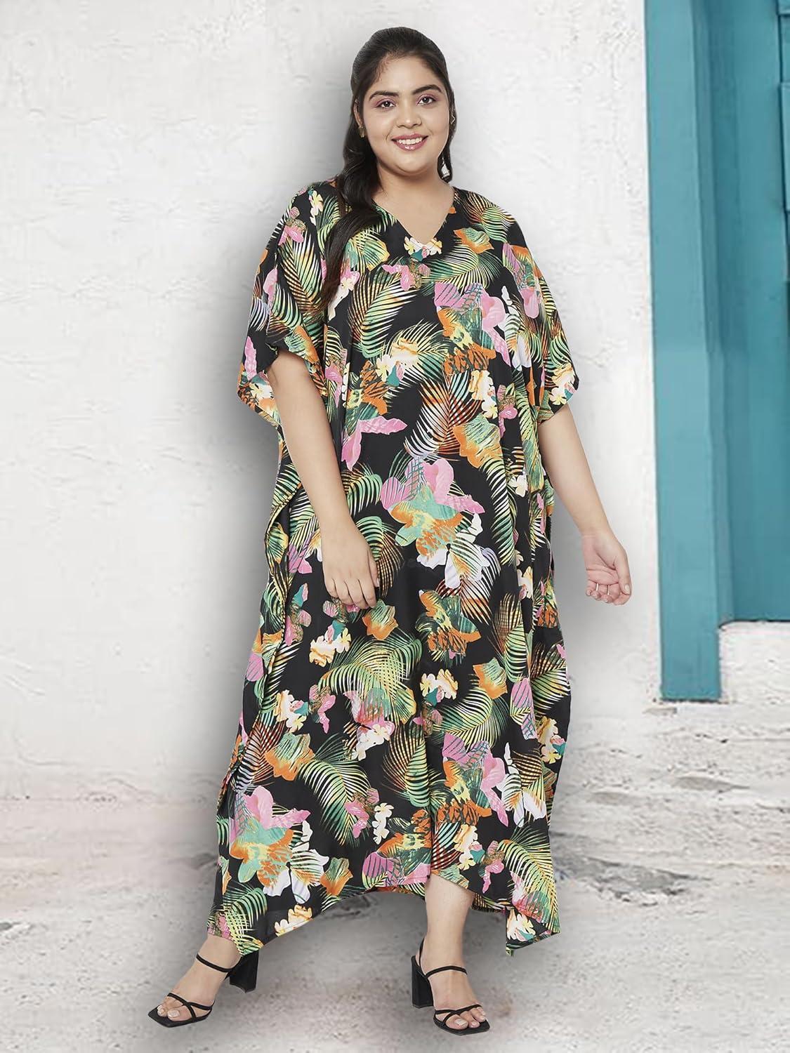 imagePlus Size Women Kaftan Dress Kimono Sleeve Casual Maxi Dresses Beach Cover Up for LadiesMulticolor Floral Kaftan