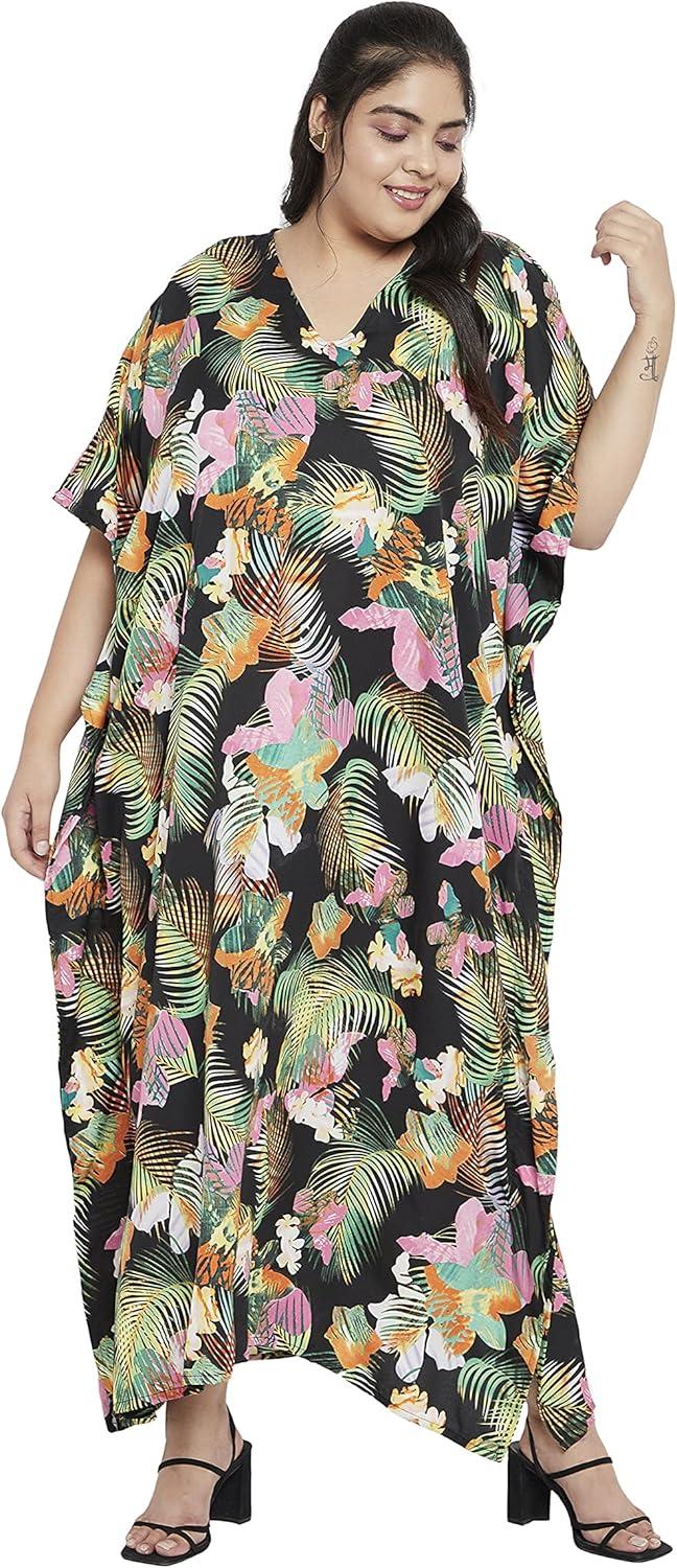 imagePlus Size Women Kaftan Dress Kimono Sleeve Casual Maxi Dresses Beach Cover Up for LadiesMulticolor Floral Kaftan