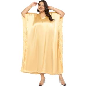 imagePlus Size Kaftan Women Dress Comfortable Solid Satin Nighty Maxi Dresses Kimono Sleeve Nightwear CaftanBeige Gold
