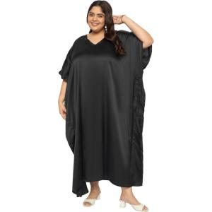 imagePlus Size Kaftan Women Dress Comfortable Solid Satin Nighty Maxi Dresses Kimono Sleeve Nightwear CaftanBlack