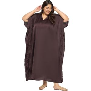 imagePlus Size Kaftan Women Dress Comfortable Solid Satin Nighty Maxi Dresses Kimono Sleeve Nightwear CaftanChocolate Brown