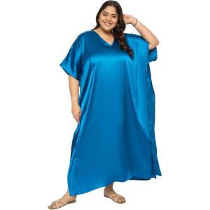 imagePlus Size Kaftan Women Dress Comfortable Solid Satin Nighty Maxi Dresses Kimono Sleeve Nightwear CaftanCorsair Blue