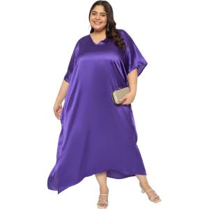 imagePlus Size Kaftan Women Dress Comfortable Solid Satin Nighty Maxi Dresses Kimono Sleeve Nightwear CaftanDark Purple