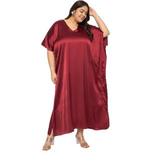 imagePlus Size Kaftan Women Dress Comfortable Solid Satin Nighty Maxi Dresses Kimono Sleeve Nightwear CaftanMaroonWine