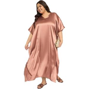 imagePlus Size Kaftan Women Dress Comfortable Solid Satin Nighty Maxi Dresses Kimono Sleeve Nightwear CaftanNude Brown