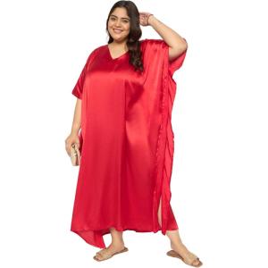 imagePlus Size Kaftan Women Dress Comfortable Solid Satin Nighty Maxi Dresses Kimono Sleeve Nightwear CaftanRed