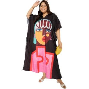 imagePlus Size Women Kaftan Dress Kimono Sleeve Casual Maxi Dresses Beach Cover Up for LadiesBlack  Pink