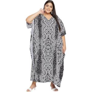 imagePlus Size Women Kaftan Dress Kimono Sleeve Casual Maxi Dresses Beach Cover Up for LadiesBlack Ethnic Print