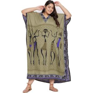 imagePlus Size Women Kaftan Dress Kimono Sleeve Casual Maxi Dresses Beach Cover Up for LadiesGreen Trible Print
