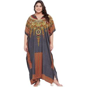 imagePlus Size Women Kaftan Dress Kimono Sleeve Casual Maxi Dresses Beach Cover Up for LadiesGrey Geometric