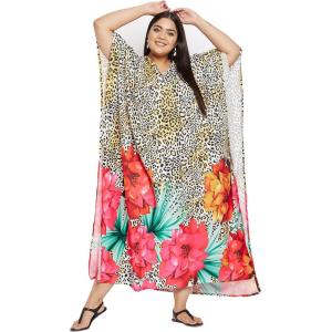 imagePlus Size Women Kaftan Dress Kimono Sleeve Casual Maxi Dresses Beach Cover Up for LadiesMulticolor Floral Caftans Dress