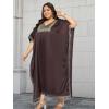 imageWomen Plus Size Kaftan Dress Stylish Satin Sequences Maxi Evening Cover Up Dresses Kimono Sleeve Casual WearChocolate Brown