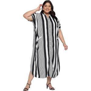 imageKaftan Plus Size Women Dress Button Down Kimono Side Slit Maxi Dresses Two Side Pocket Caftan for Evening WearBlack  White