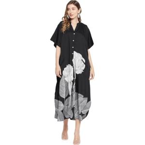 imageKaftan Plus Size Women Dress Button Down Kimono Side Slit Maxi Dresses Two Side Pocket Caftan for Evening WearBlack Leaf