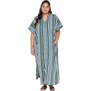 imageKaftan Plus Size Women Dress Button Down Kimono Side Slit Maxi Dresses Two Side Pocket Caftan for Evening WearTeal  White