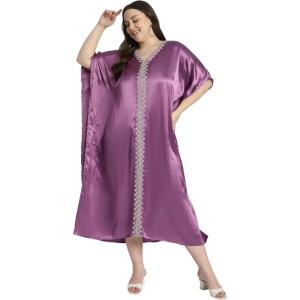 imageWomen Embroidery Kaftan Dress Satin Silk Plus Size Soft Embroidered African Caftan Maxi Dresses for LadiesCyclamen