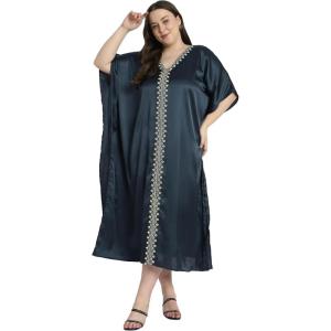 imageWomen Embroidery Kaftan Dress Satin Silk Plus Size Soft Embroidered African Caftan Maxi Dresses for LadiesDarkest Spruce