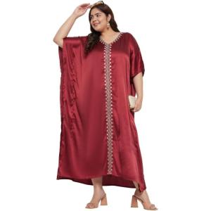 imageWomen Embroidery Kaftan Dress Satin Silk Plus Size Soft Embroidered African Caftan Maxi Dresses for LadiesJester Red