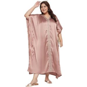 imageWomen Embroidery Kaftan Dress Satin Silk Plus Size Soft Embroidered African Caftan Maxi Dresses for LadiesWithered Rose