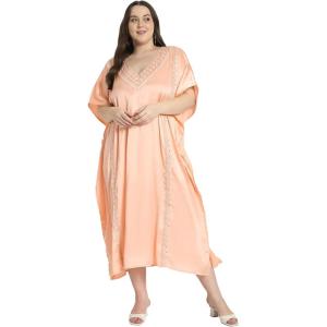 imageWomen Long Kaftan Plus Size Satin Soft Embroidery Swimsuit Cover Up Embroidered Work Caftan Gown Dress for LadiesApricot Tan
