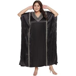 imageWomen Long Kaftan Plus Size Satin Soft Embroidery Swimsuit Cover Up Embroidered Work Caftan Gown Dress for LadiesBlack