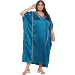 imageWomen Long Kaftan Plus Size Satin Soft Embroidery Swimsuit Cover Up Embroidered Work Caftan Gown Dress for LadiesCorsair Blue
