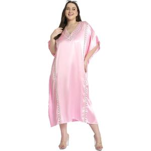 imageWomen Long Kaftan Plus Size Satin Soft Embroidery Swimsuit Cover Up Embroidered Work Caftan Gown Dress for LadiesCrystal Rose
