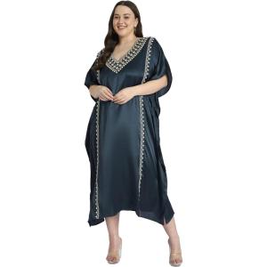 imageWomen Long Kaftan Plus Size Satin Soft Embroidery Swimsuit Cover Up Embroidered Work Caftan Gown Dress for LadiesDarkest Spruce