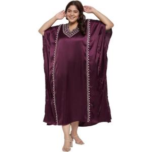 imageWomen Long Kaftan Plus Size Satin Soft Embroidery Swimsuit Cover Up Embroidered Work Caftan Gown Dress for LadiesGrape Wine