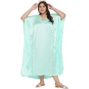 imageWomen Long Kaftan Plus Size Satin Soft Embroidery Swimsuit Cover Up Embroidered Work Caftan Gown Dress for LadiesIce Green