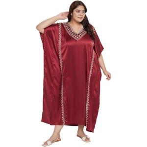 imageWomen Long Kaftan Plus Size Satin Soft Embroidery Swimsuit Cover Up Embroidered Work Caftan Gown Dress for LadiesJester Red
