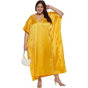 imageWomen Long Kaftan Plus Size Satin Soft Embroidery Swimsuit Cover Up Embroidered Work Caftan Gown Dress for LadiesLemon Chrome