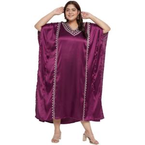 imageWomen Long Kaftan Plus Size Satin Soft Embroidery Swimsuit Cover Up Embroidered Work Caftan Gown Dress for LadiesPurple Passion