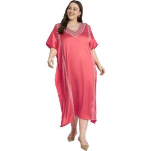 imageWomen Long Kaftan Plus Size Satin Soft Embroidery Swimsuit Cover Up Embroidered Work Caftan Gown Dress for LadiesSugar Coral