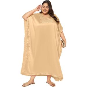 imageWomen Plus Size Kaftan Dress Stylish Satin Sequences Maxi Evening Cover Up Dresses Kimono Sleeve Casual WearBeige Gold
