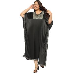 imageWomen Plus Size Kaftan Dress Stylish Satin Sequences Maxi Evening Cover Up Dresses Kimono Sleeve Casual WearBlack