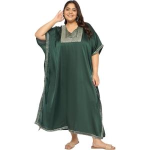 imageWomen Plus Size Kaftan Dress Stylish Satin Sequences Maxi Evening Cover Up Dresses Kimono Sleeve Casual WearBottle Green