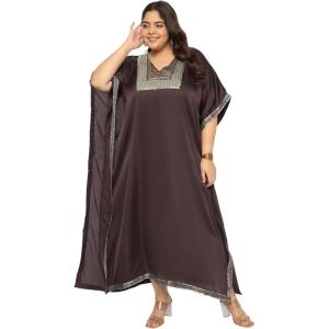 imageWomen Plus Size Kaftan Dress Stylish Satin Sequences Maxi Evening Cover Up Dresses Kimono Sleeve Casual WearChocolate Brown