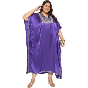 imageWomen Plus Size Kaftan Dress Stylish Satin Sequences Maxi Evening Cover Up Dresses Kimono Sleeve Casual WearDark Purple