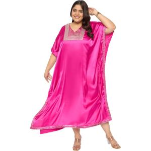 imageWomen Plus Size Kaftan Dress Stylish Satin Sequences Maxi Evening Cover Up Dresses Kimono Sleeve Casual WearMagenta PinkCherry