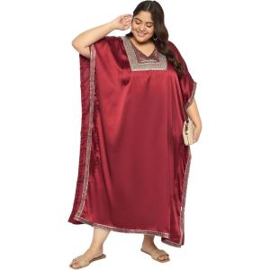 imageWomen Plus Size Kaftan Dress Stylish Satin Sequences Maxi Evening Cover Up Dresses Kimono Sleeve Casual WearMaroonWine