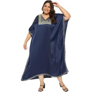 imageWomen Plus Size Kaftan Dress Stylish Satin Sequences Maxi Evening Cover Up Dresses Kimono Sleeve Casual WearNavy Blue