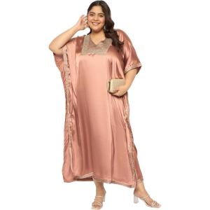 imageWomen Plus Size Kaftan Dress Stylish Satin Sequences Maxi Evening Cover Up Dresses Kimono Sleeve Casual WearNude Brown